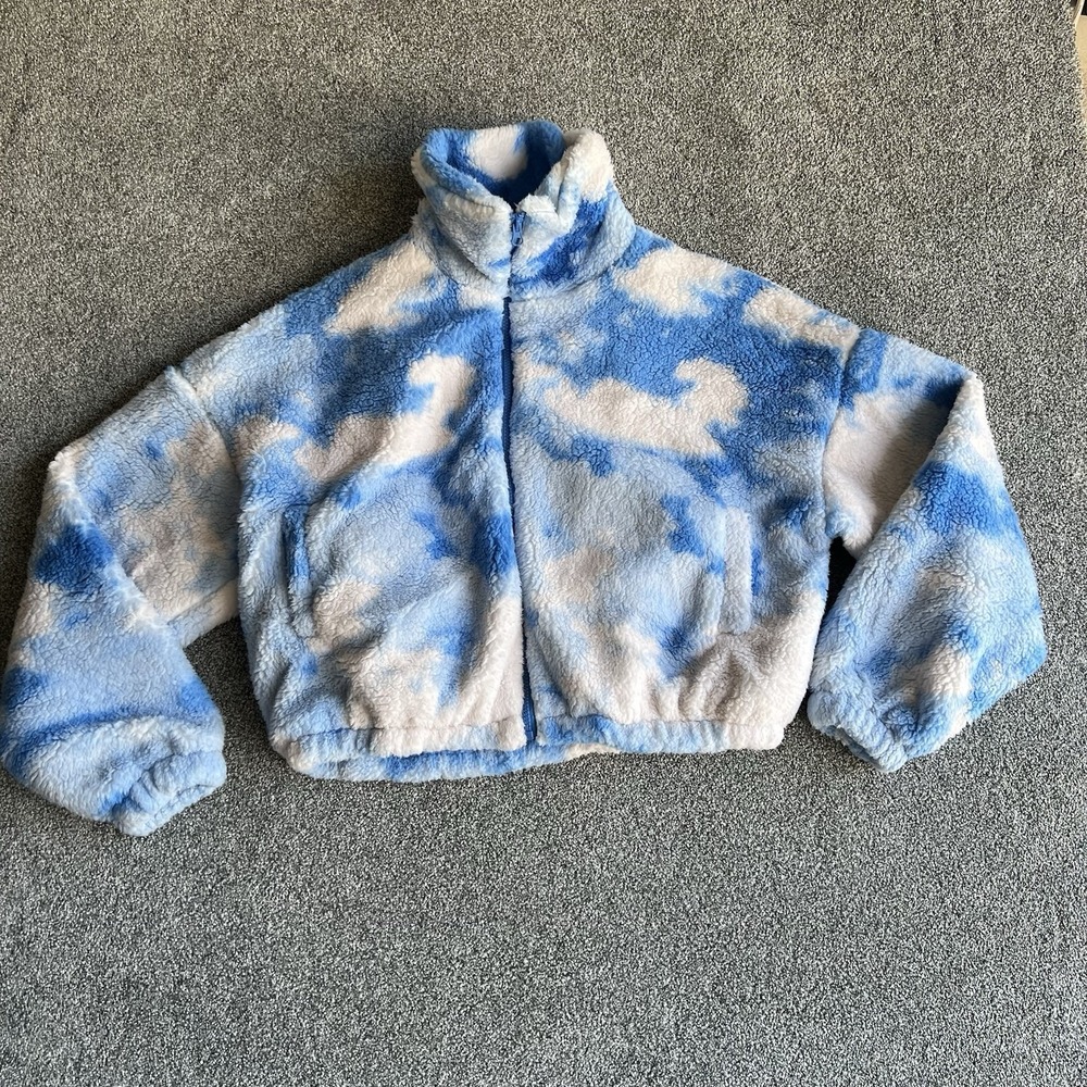 Urban Outfitters Womens XS Blue White Cloud Sherpa Fleece Full Zip Jacket